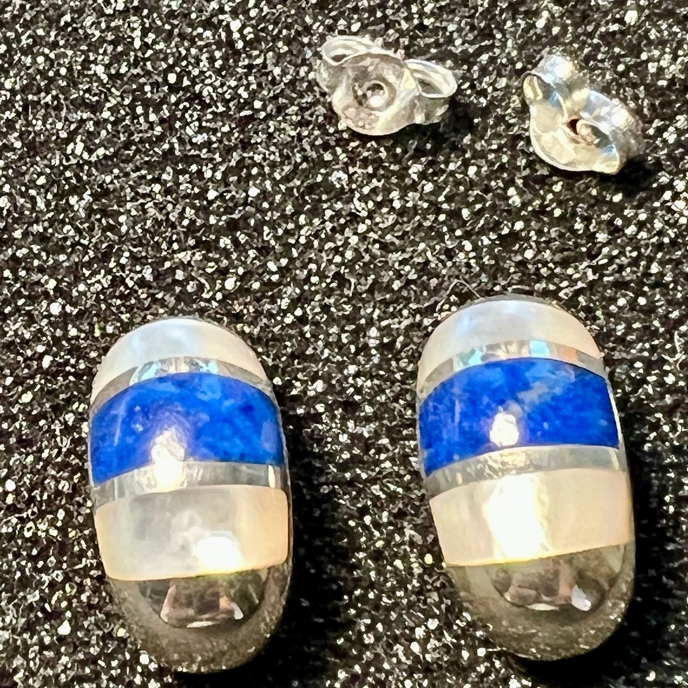Mother of pearl/blue lapiz sterling silver earrings CNA 925 Thailand - Picture 7 of 7